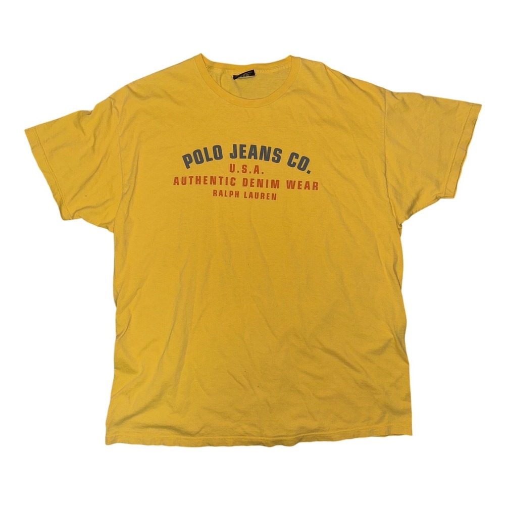Polo Jeans Co Ralph Lauren T Shirt Mens Large Yellow Graphic USA Made Cotton